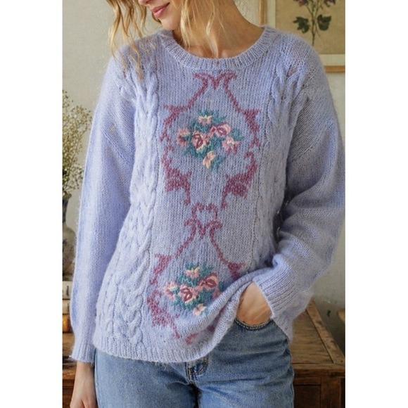 Michelle Stuart Sweaters - Vtg Studio by Michelle Stuart Mohair Blend Sweater Floral Knit Cottagecore Large